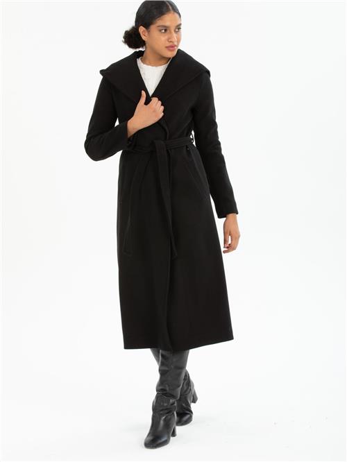 Women hooded coat with belt wholesale Black color