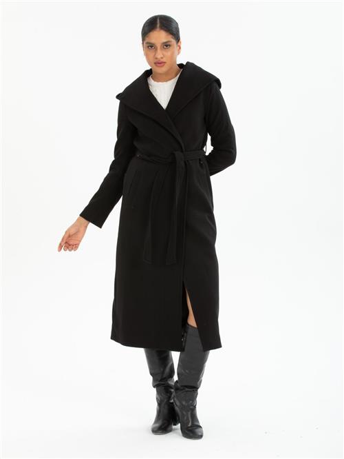 Women hooded coat with belt wholesale Black color