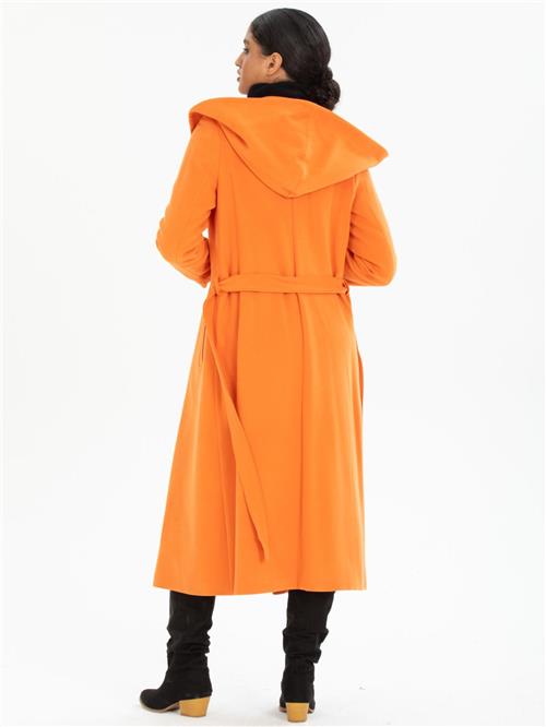 Women hooded coat with belt wholesale Orange color