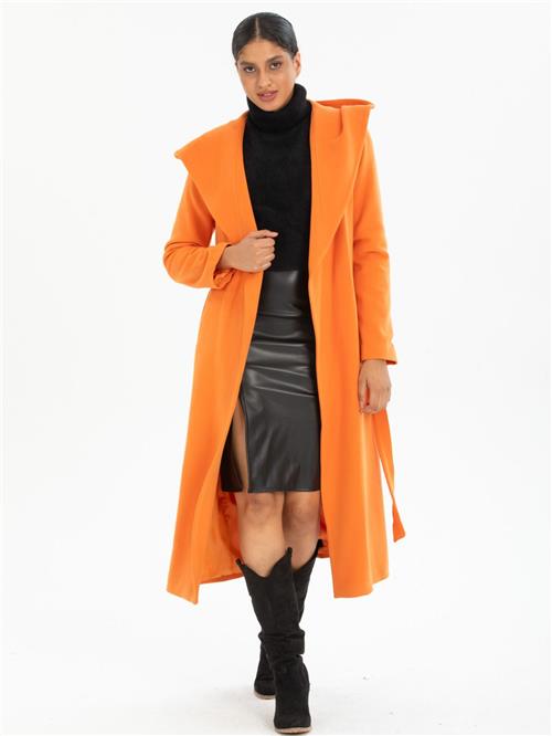 Women hooded coat with belt wholesale Orange color