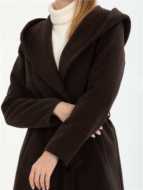 Women hooded coat with belt wholesale Dark Brown color
