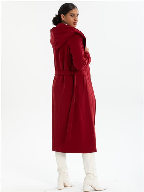 Women hooded coat with belt wholesale Burgundy color