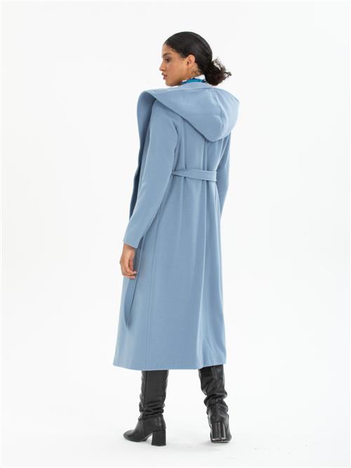 Women hooded coat with belt wholesale Light Blue color