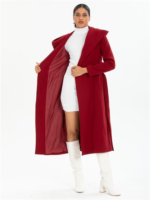 Women hooded coat with belt wholesale Burgundy color
