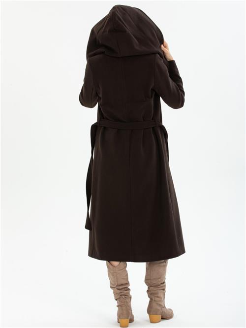 Women hooded coat with belt wholesale Dark Brown color