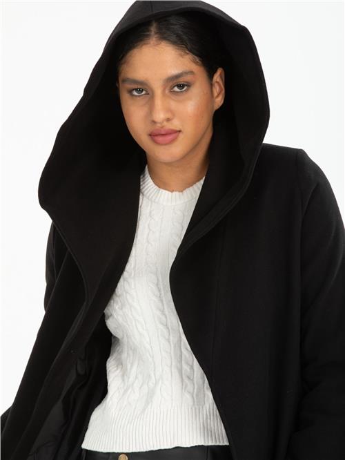 Women hooded coat with belt wholesale Black color