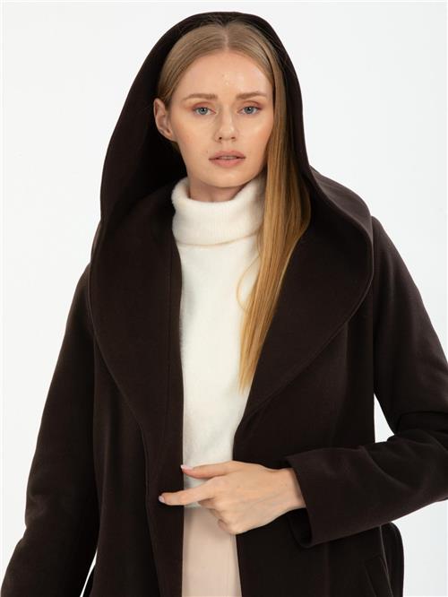 Women hooded coat with belt wholesale Dark Brown color