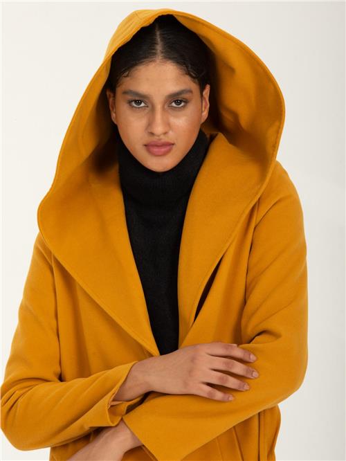Women hooded coat with belt wholesale Mustard color