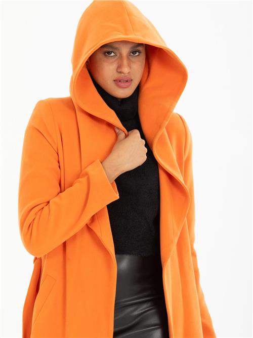 Women hooded coat with belt wholesale Orange color