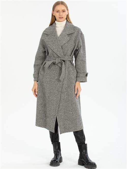 Women patterned coat with belt wholesale Gray color