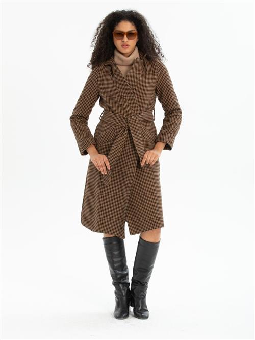 Women patterned coat with belt wholesale Light Brown color