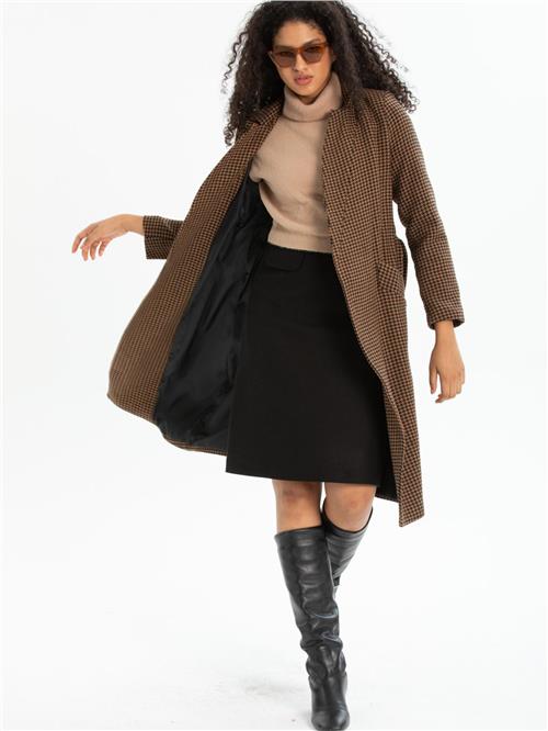 Women patterned coat with belt wholesale Light Brown color
