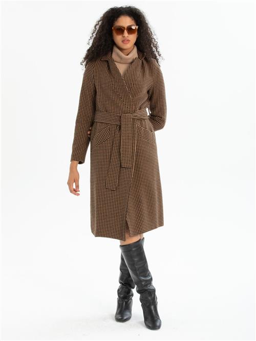 Women patterned coat with belt wholesale Light Brown color