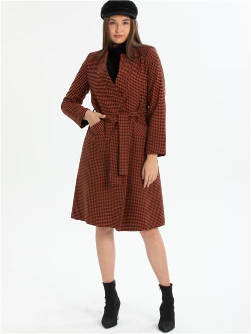 Women patterned coat with belt wholesale Carmine Red color