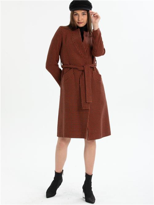Women patterned coat with belt wholesale Carmine Red color