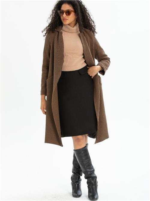 Women patterned coat with belt wholesale Light Brown color