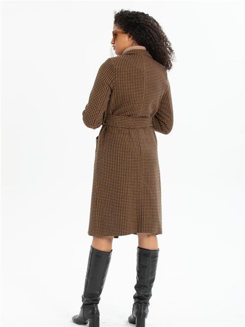 Women patterned coat with belt wholesale Light Brown color