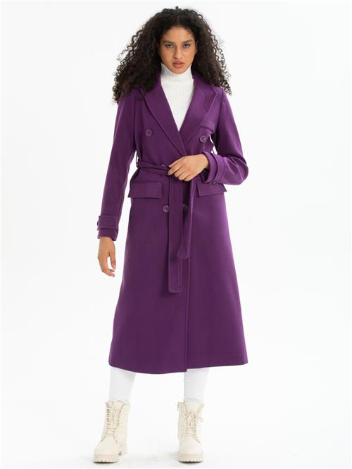 Women six-buttons coat with belt wholesale Purple color