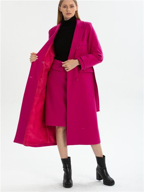 Women six-buttons coat with belt wholesale Fucshia color