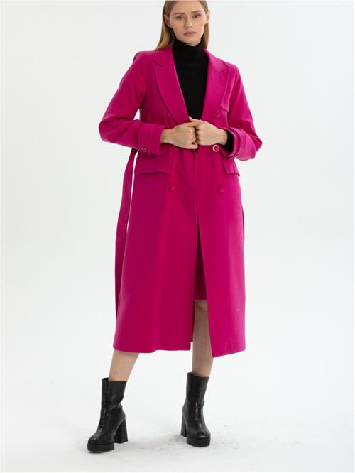 Women six-buttons coat with belt wholesale Fucshia color