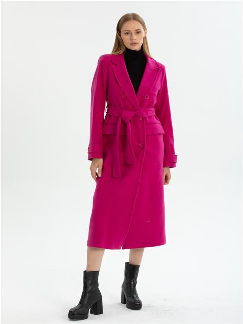 Women six-buttons coat with belt wholesale Fucshia color
