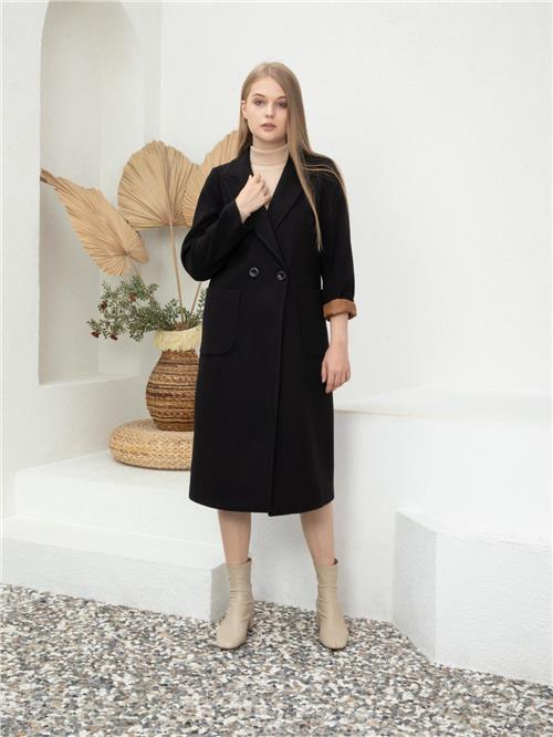 Women Two-Button Coat With Belt Wholesale Black Color