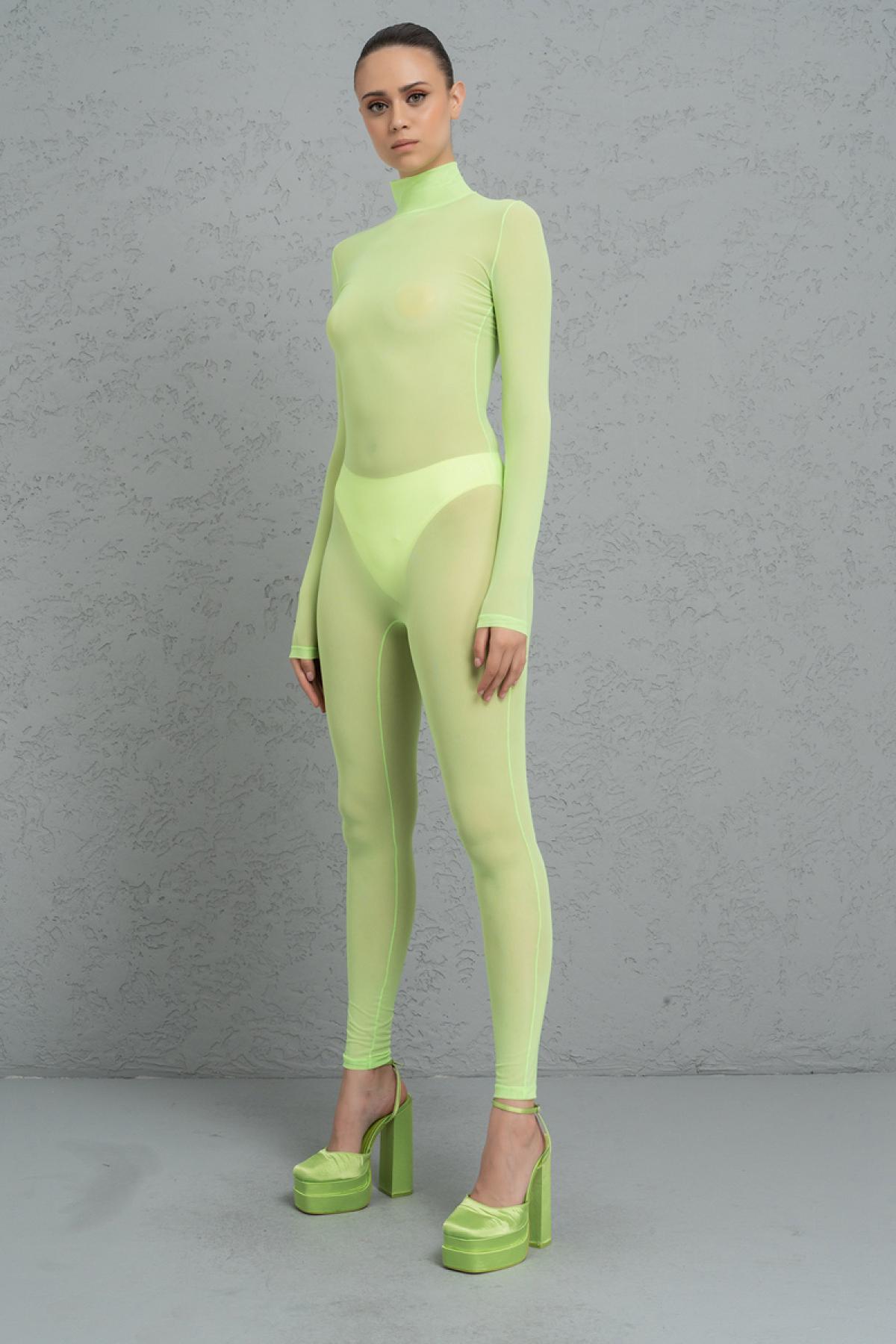 Women wholesale sheer neon green mock neck catsuit