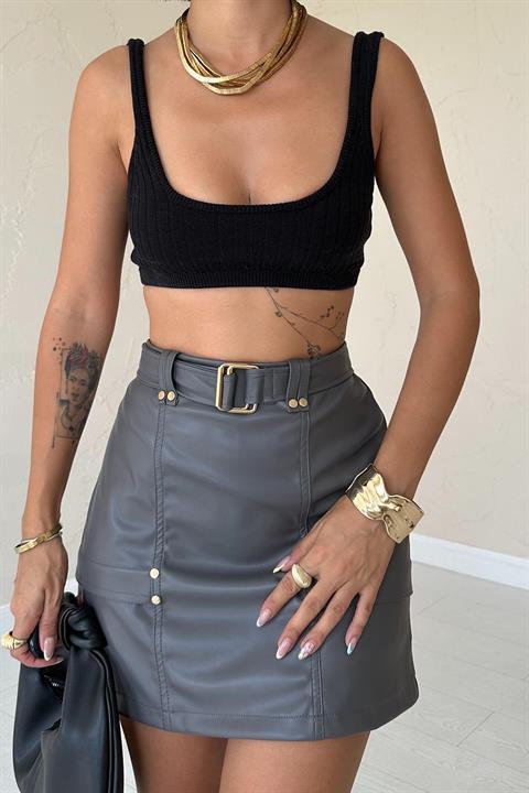 Wholesale Mini Leather Skirt with Belt - Grey | Wholesale Skirt