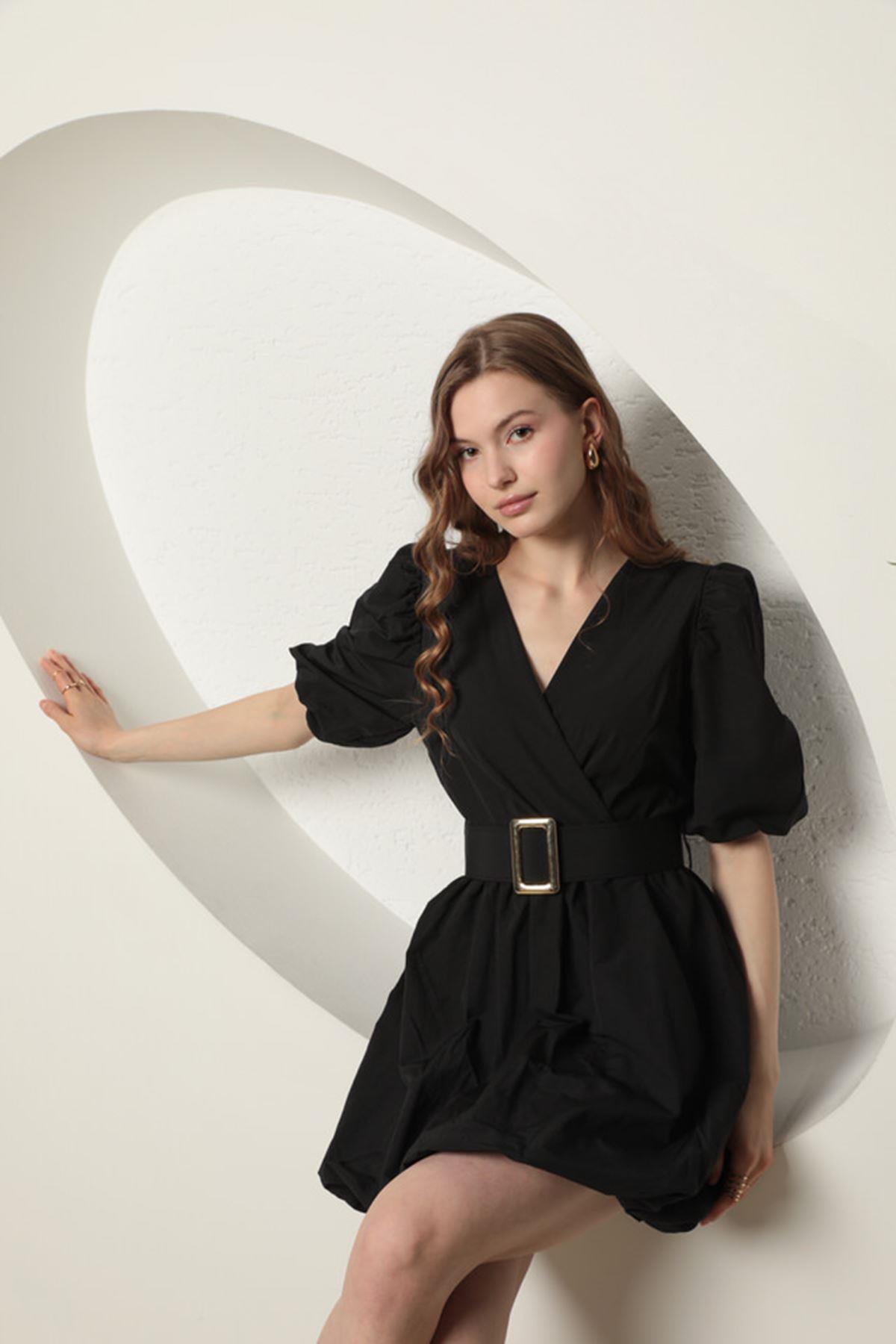 short black balloon dress Black V Neck Short Puff Sleeve Balloon Skirt Dress *FINAL SALE* SSYS