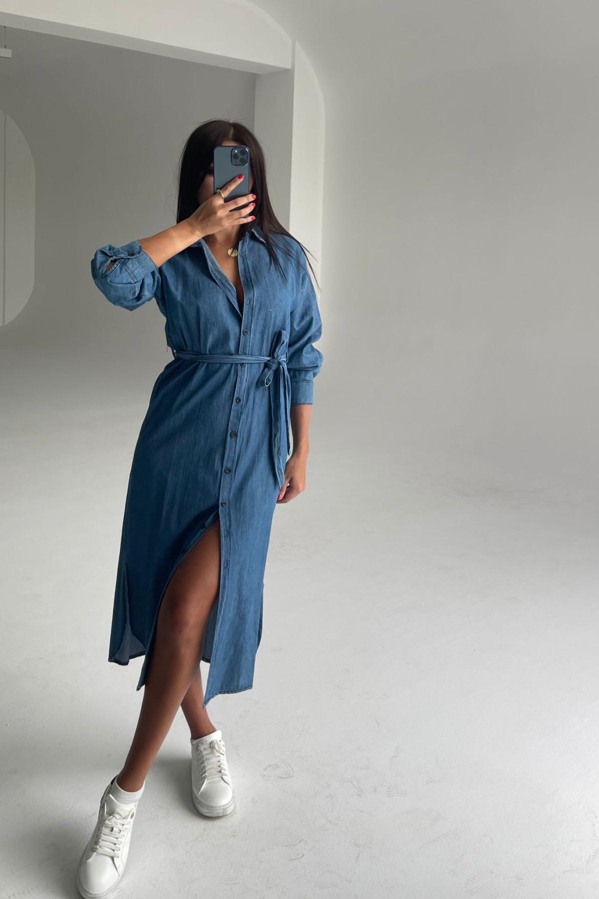 knee length dresses for ladies Denim Seamed Midi Dress in Medium Wash S main image 1