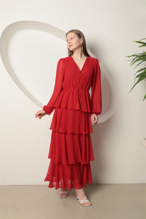 chinese dress ladies Rare Donald Brooks Red Chiffon Ruffle Maxi Dress