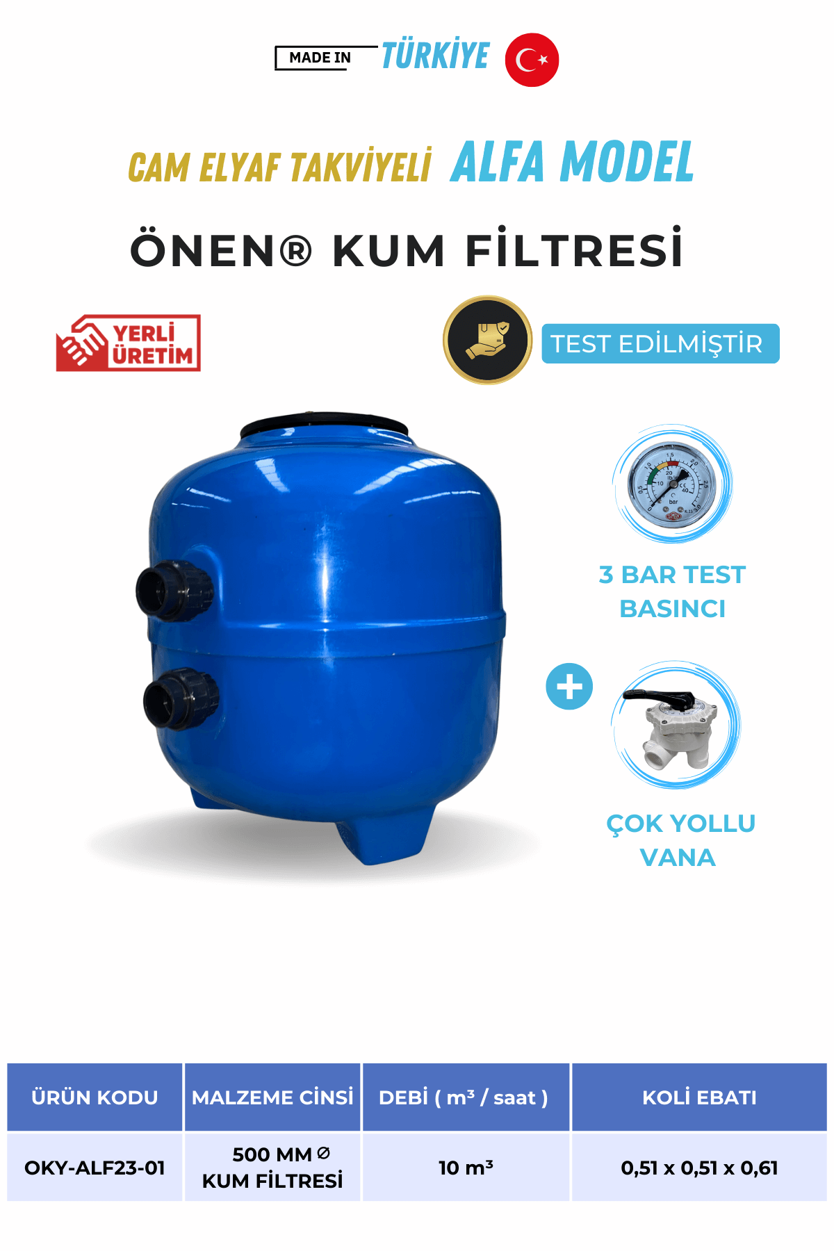 Önen Kimya 500-620-760-830-920 mm Yüksek Kaliteli Çok Yollu Vana Hediyeli Alfa Havuz Kum Filtresi