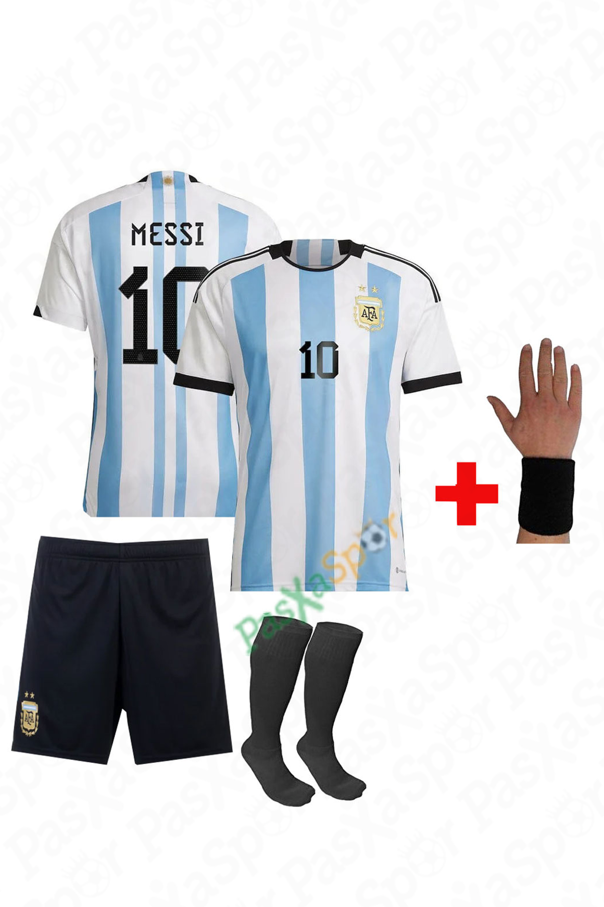 Arjantin 2022 Dünya Kupası Messi Çocuk Forması Şort Çorap Bileklik Hediyeli