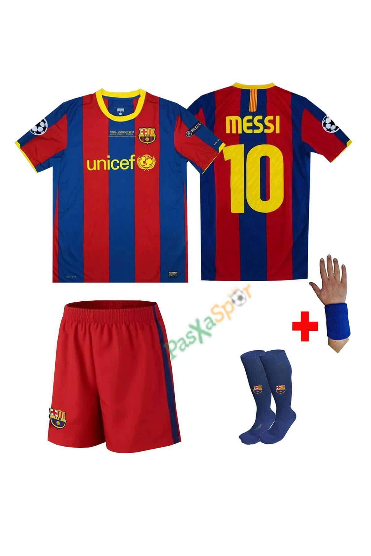 Barcelona 2010-11 Şampiyonlar Ligi Finali Messi Retro Çocuk Forması Şort Çorap Bileklik Hediyeli