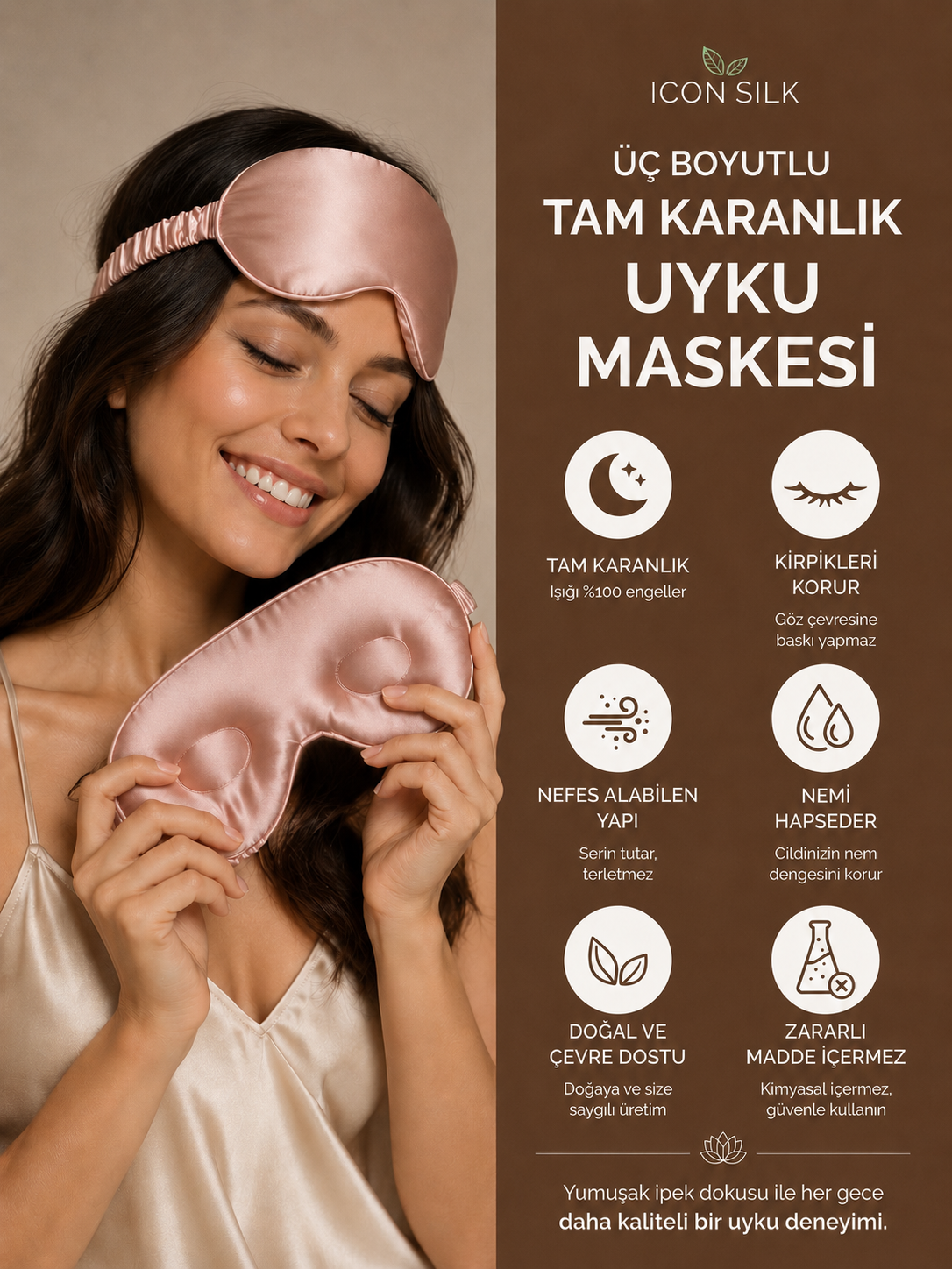 'Sleep & Glow' Üç Boyutlu Tam Karanlık Uyku Maskesi Göz Bandı (Gül Pembe)