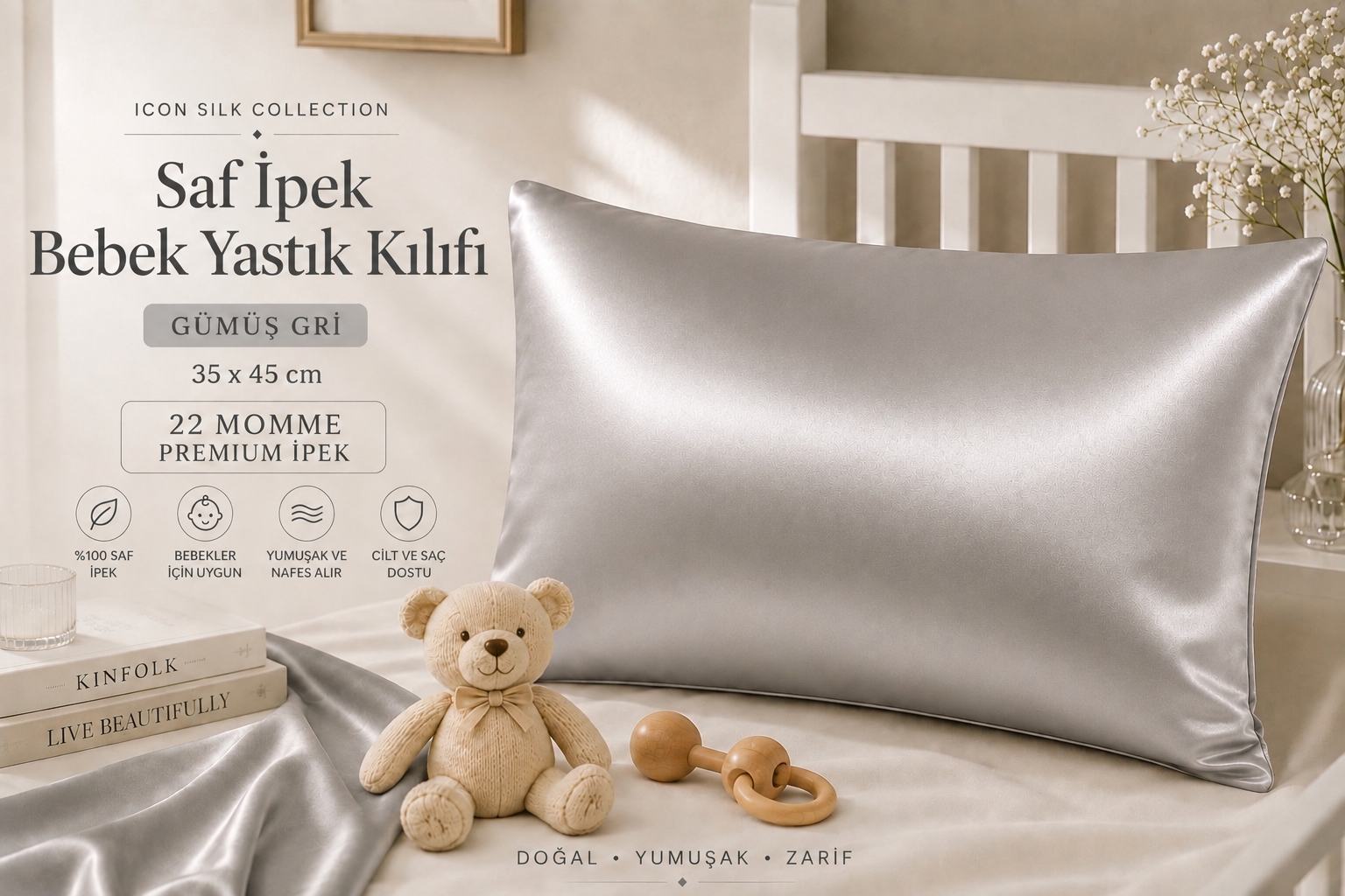 Açık Gri - Saf İpek Bebek Yastık Kılıfı