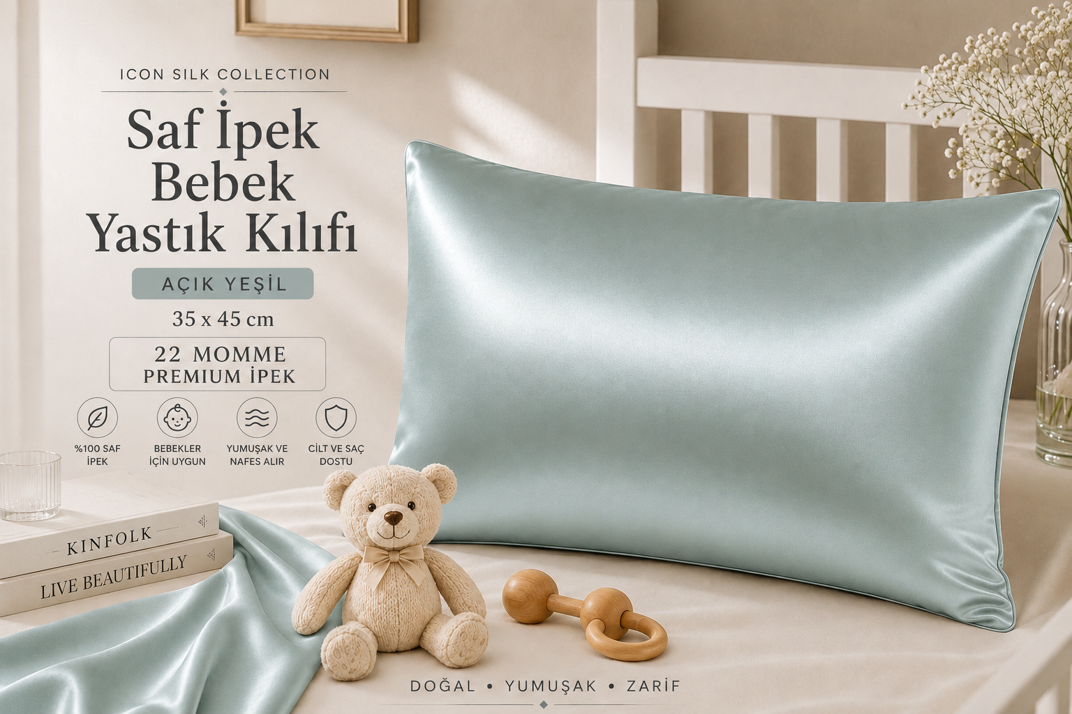 Açık Yeşil - Saf İpek Bebek Yastık Kılıfı 