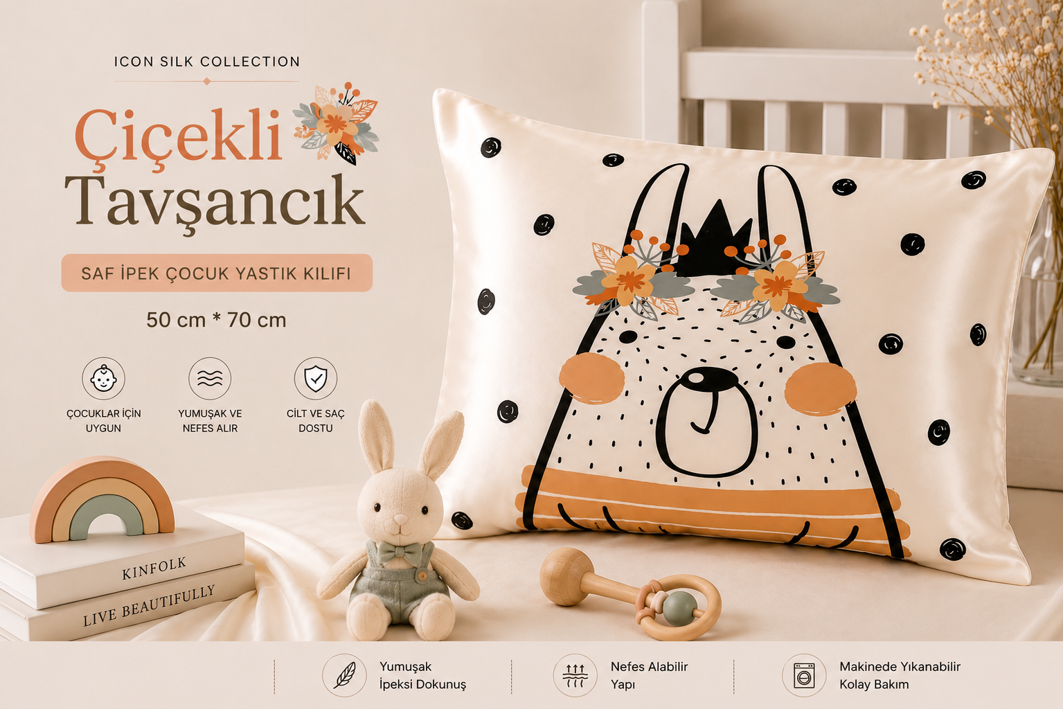 Çiçekli Tavşancık - Saf İpek Çocuk Yastık Kılıfı 