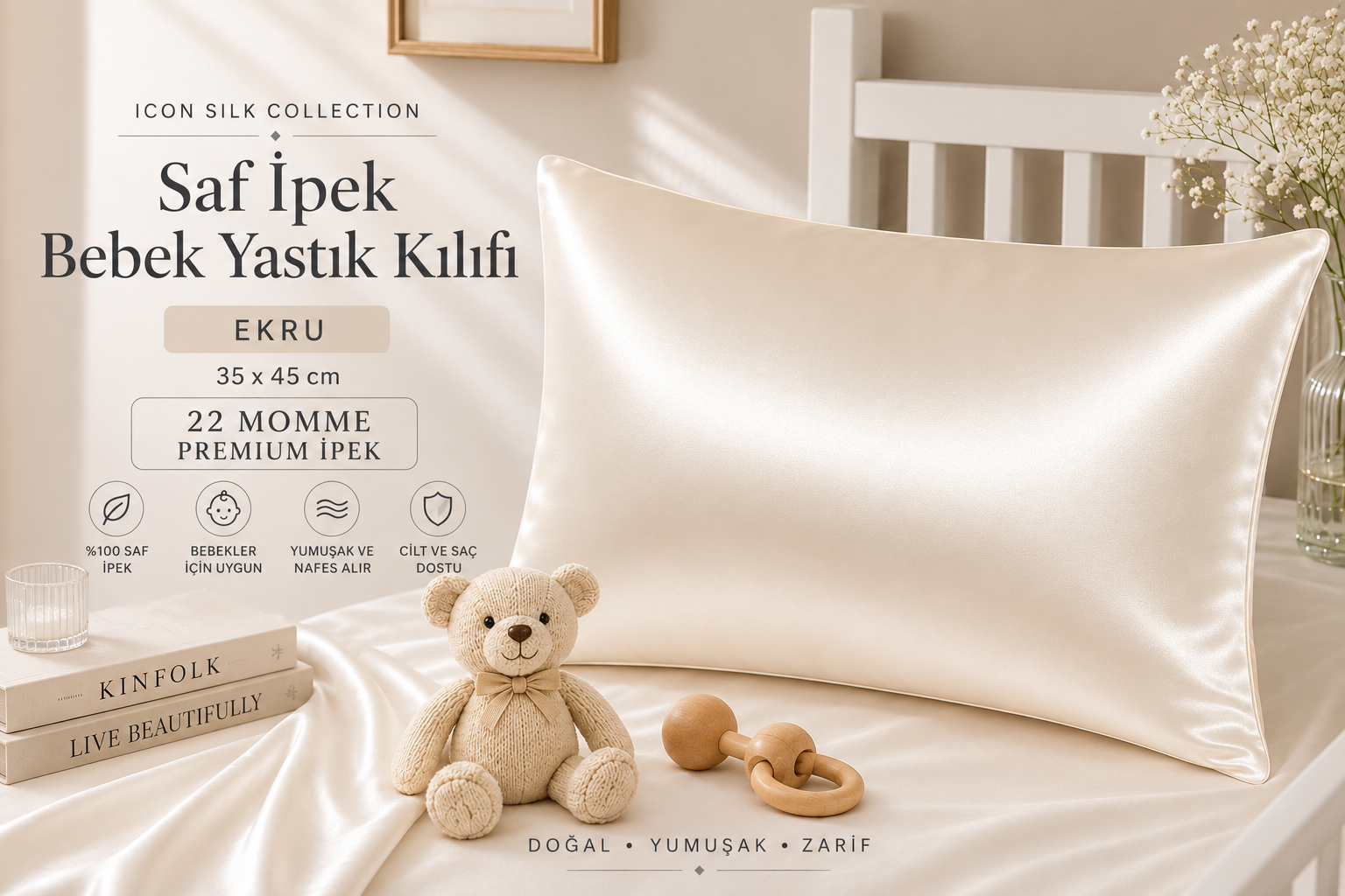 Ekru - Saf İpek Bebek Yastık Kılıfı 