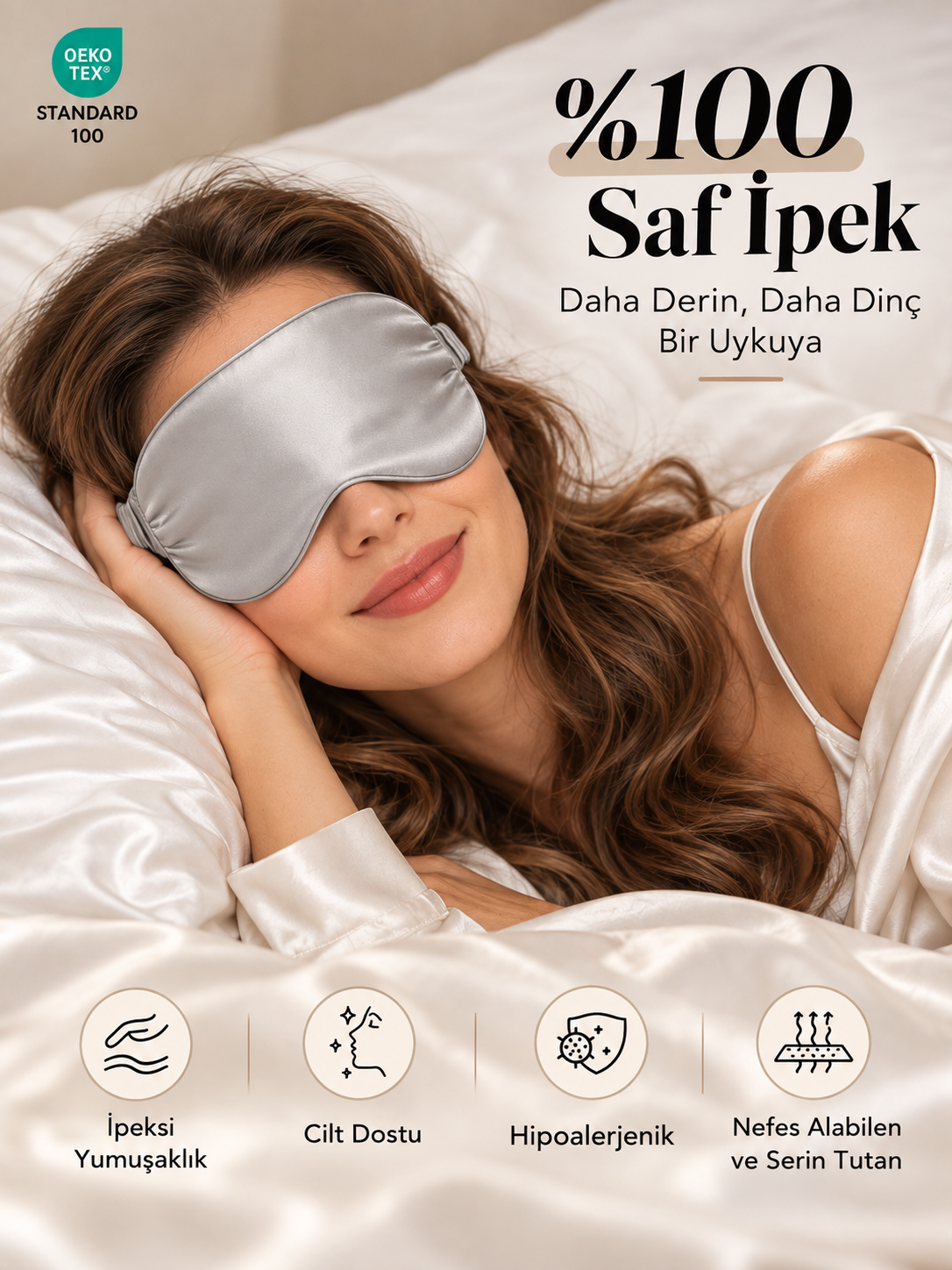 Gümüş Gri - 'Sleep & Glow' 19 momme Uyku Maskesi - Elastik Bantlı