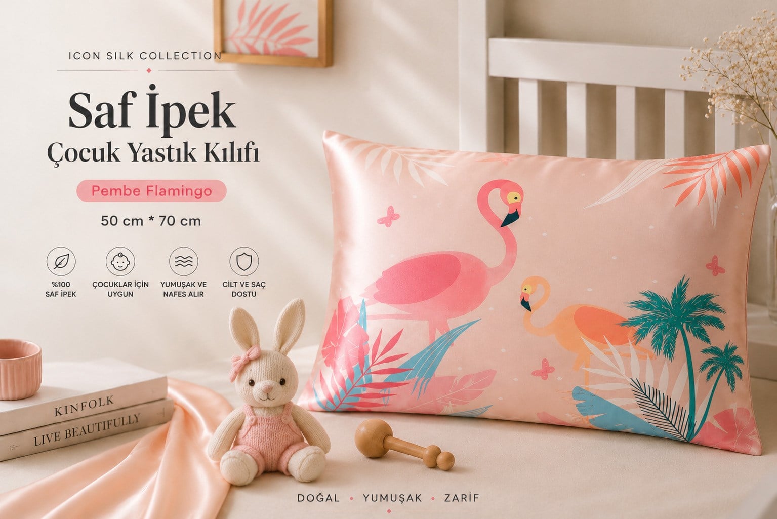 Pembe Flamingo - Saf İpek Çocuk Yastık Kılıfı 
