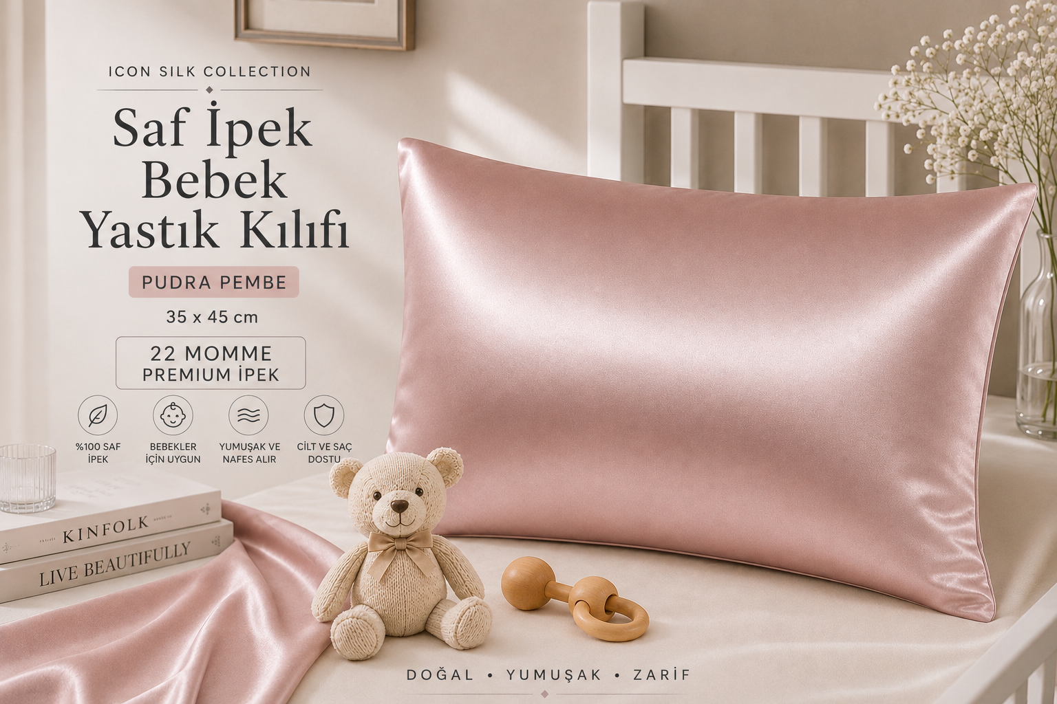 Pembe - Saf İpek Bebek Yastık Kılıfı 