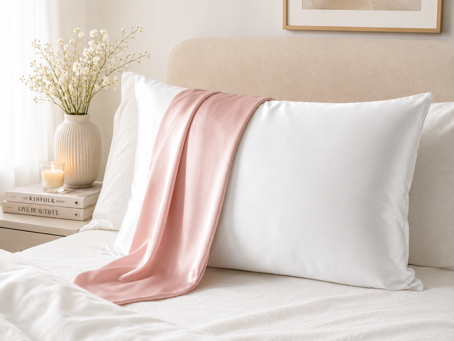 'Sleep & Glow' Pembe İpek + Beyaz Tencel  Çift Taraflı Yastık Kılıfı 