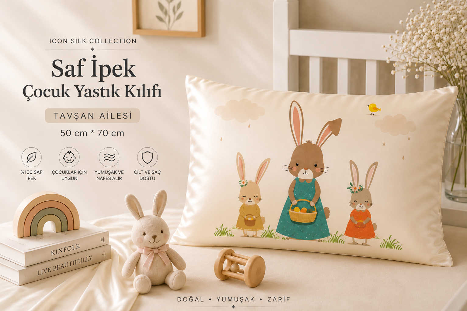Tavşan Ailesi - Saf İpek Çocuk Yastık Kılıfı 