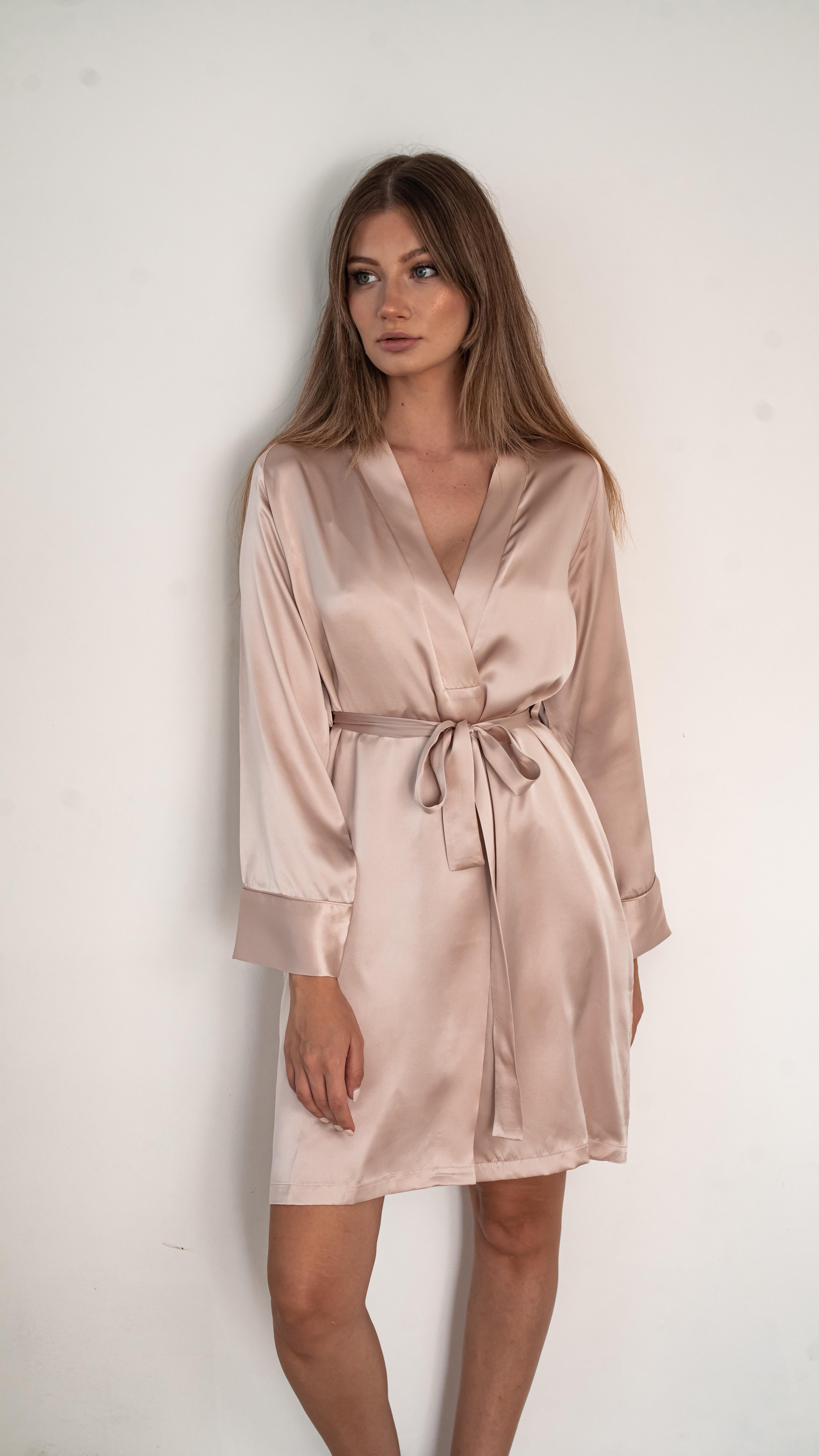 Uçuk Pembe Saf İpek Kimono Sabahlık 