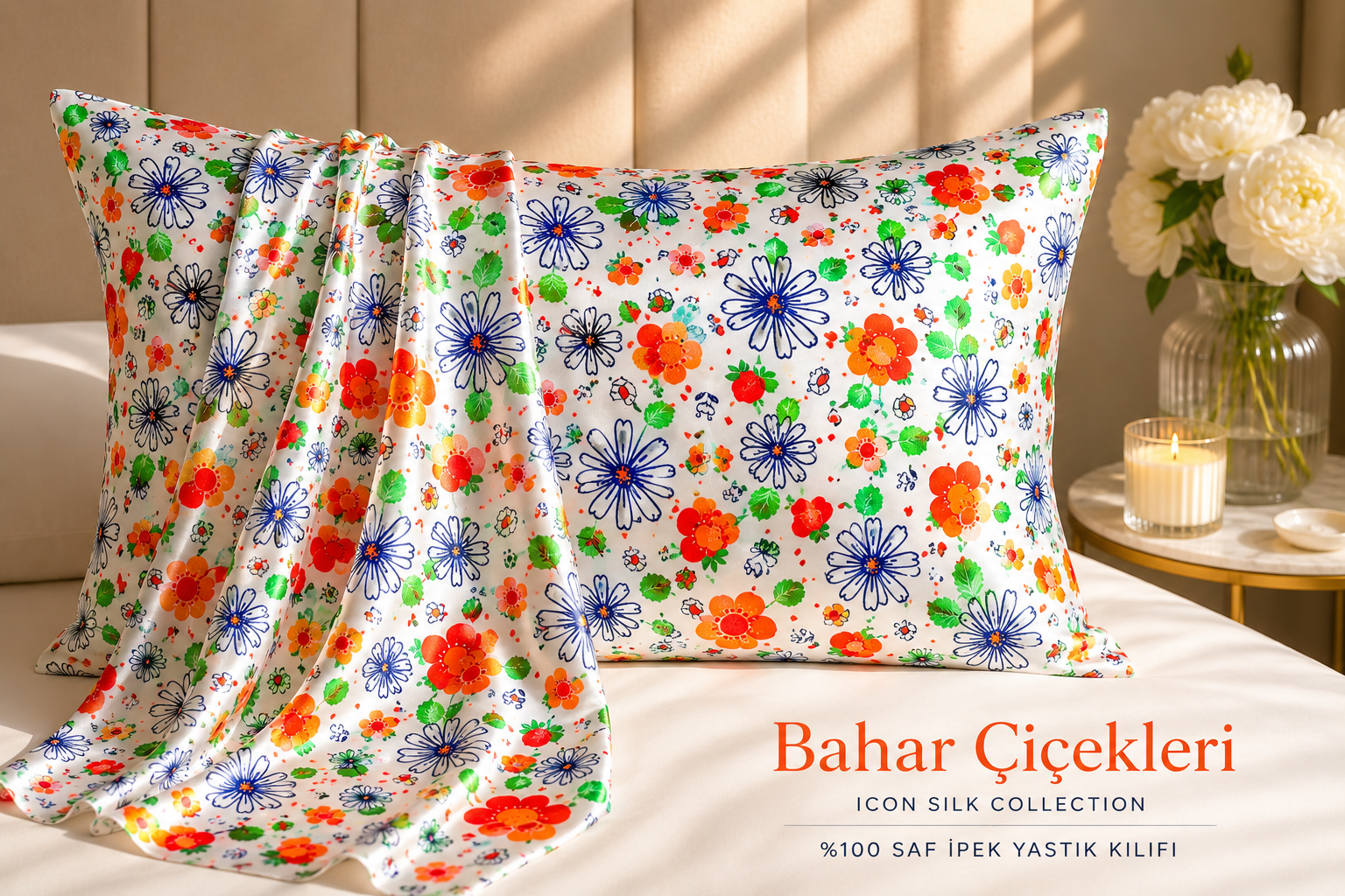 Bahar Çiçekleri - 'Sleep & Glow' Saf İpek Fermuarlı Yastık Kılıfı 