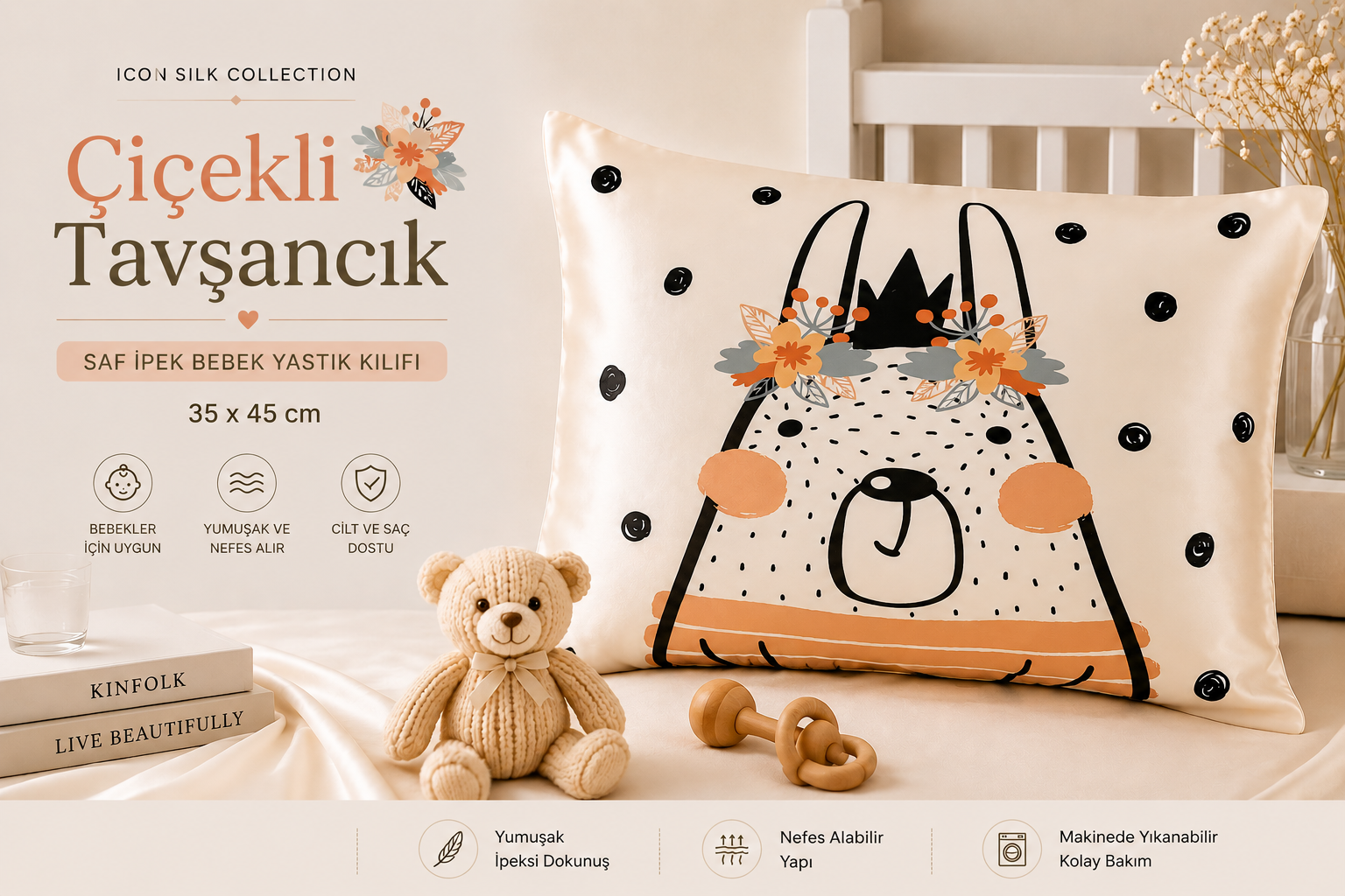 Çiçekli Tavşancık - Saf İpek Bebek Yastık Kılıfı 