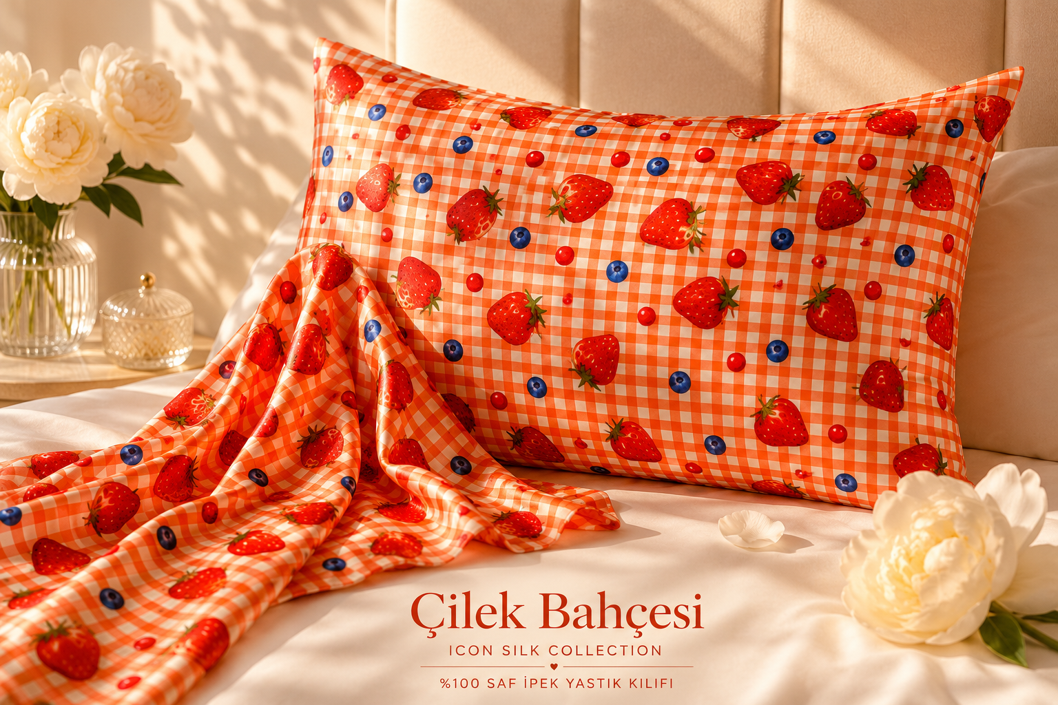Çilek Bahçesi - 'Sleep & Glow' Saf İpek Fermuarlı Yastık Kılıfı 