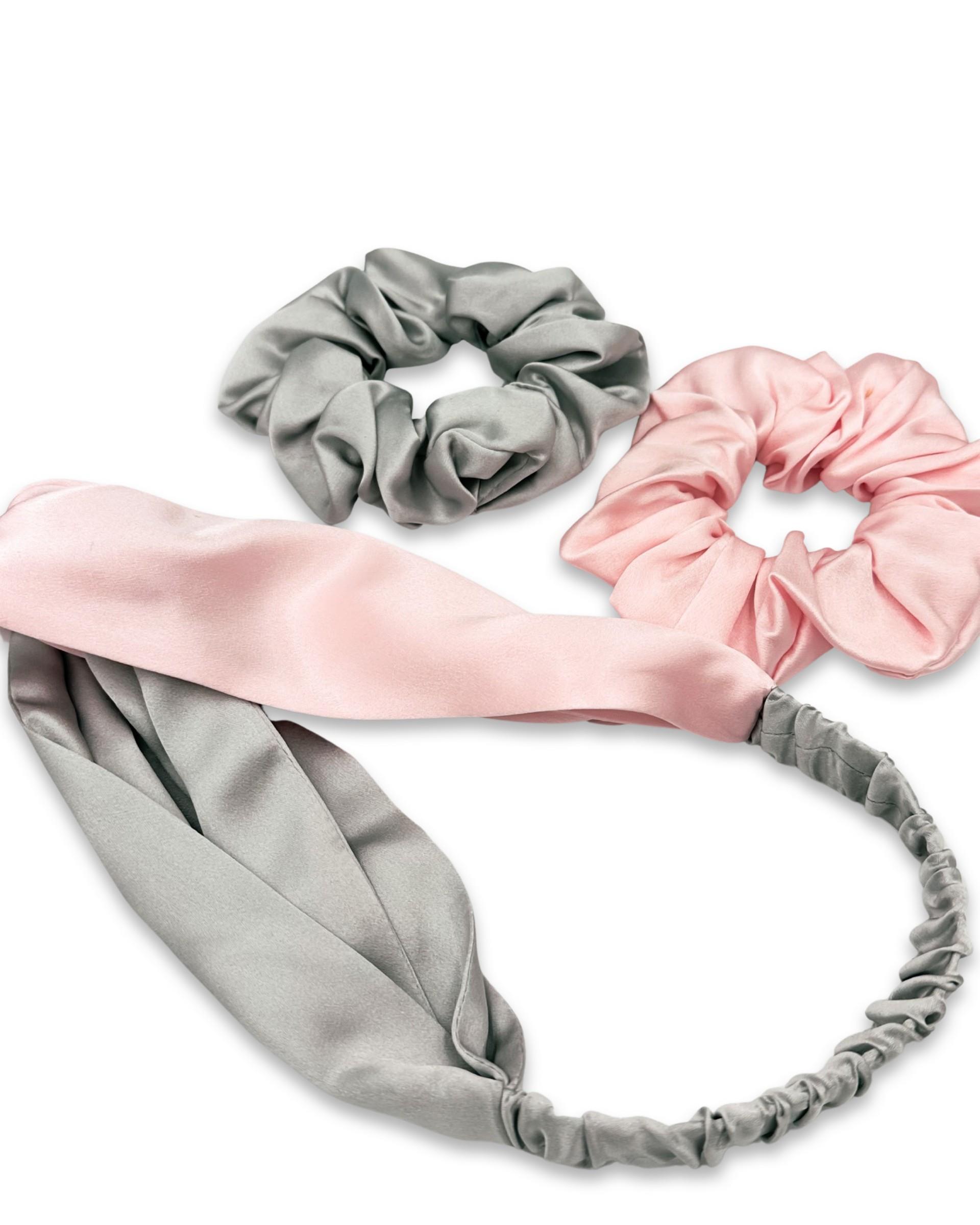 Silver Grey Pink Silk Hair Accessories Set 
