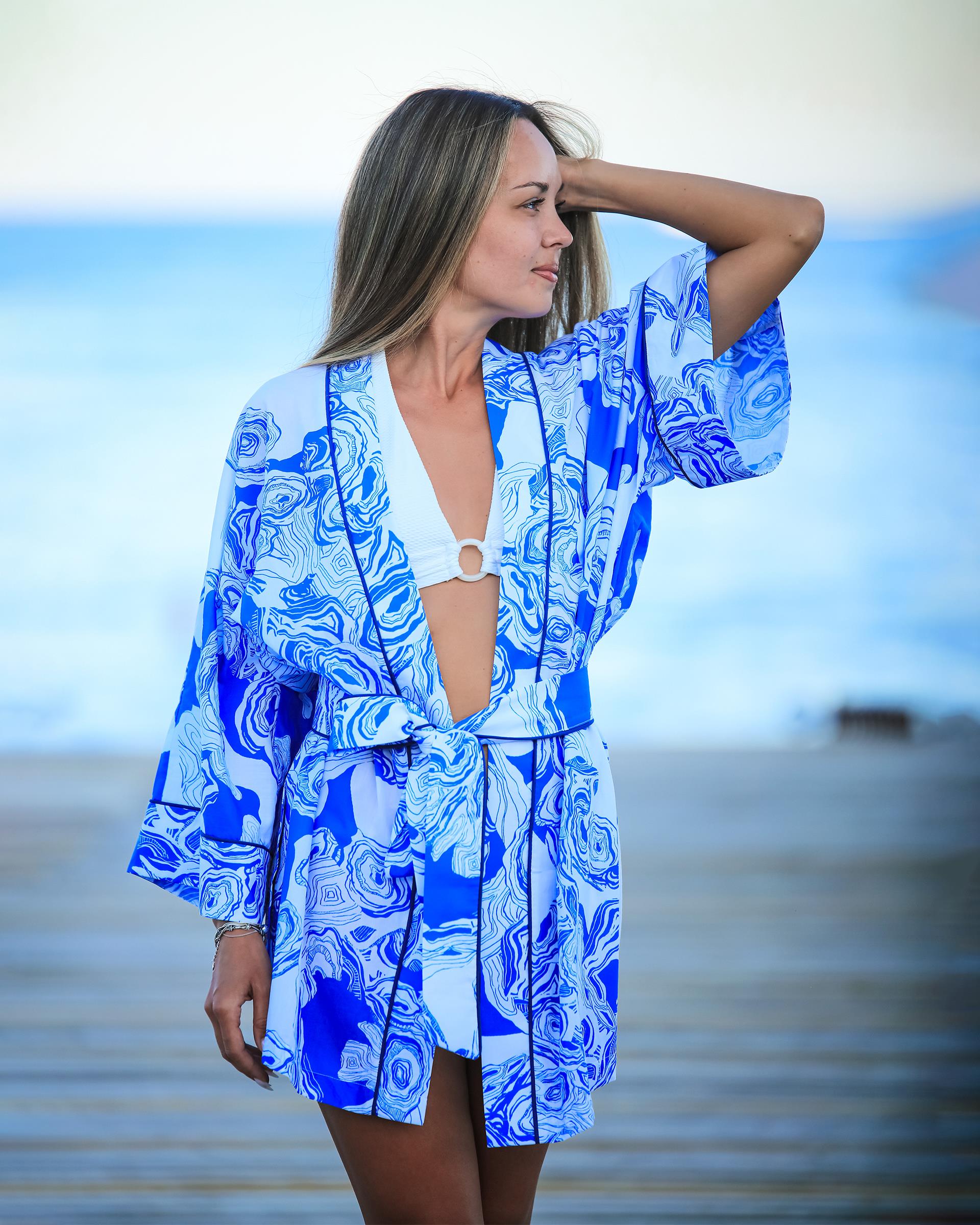 Lacivert Beyaz Pamuklu Kimono (Mayo üstü)